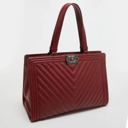 Pre Owned Chanel Red Chevron Quilted Leather Large Boy Shopper Tote