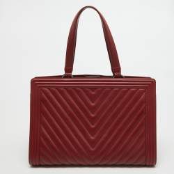 Pre Owned Chanel Red Chevron Quilted Leather Large Boy Shopper Tote