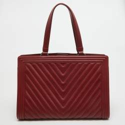 Pre Owned Chanel Red Chevron Quilted Leather Large Boy Shopper Tote