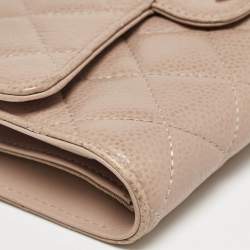 Chanel Beige Quilted Caviar Leather CC Trifold Continental Wallet