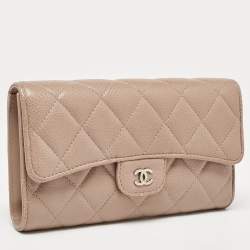 Chanel Beige Quilted Caviar Leather CC Trifold Continental Wallet