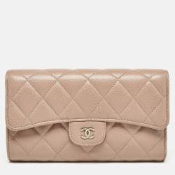 Chanel Beige Quilted Caviar Leather CC Trifold Continental Wallet
