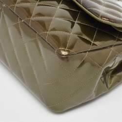 Pre Owned Chanel Green Quilted Patent Leather Jumbo Classic Double Flap Bag