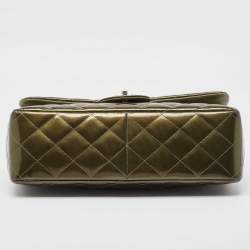 Pre Owned Chanel Green Quilted Patent Leather Jumbo Classic Double Flap Bag