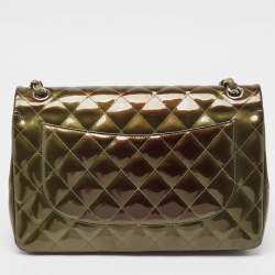 Pre Owned Chanel Green Quilted Patent Leather Jumbo Classic Double Flap Bag