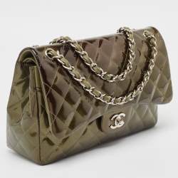 Pre Owned Chanel Green Quilted Patent Leather Jumbo Classic Double Flap Bag