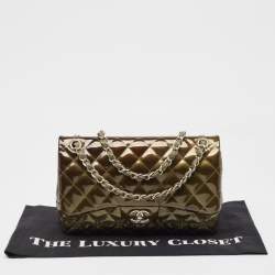 Pre Owned Chanel Green Quilted Patent Leather Jumbo Classic Double Flap Bag