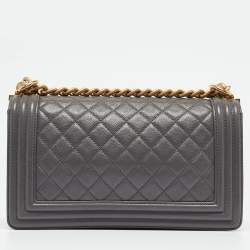 Pre Owned Chanel Grey Quilted Caviar Leather Medium Boy Flap Bag