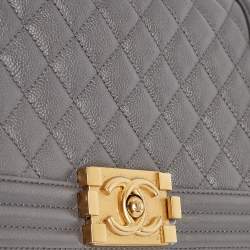 Pre Owned Chanel Grey Quilted Caviar Leather Medium Boy Flap Bag