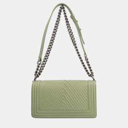 Chanel Green Chevron Leather Medium Boy Flap Bag