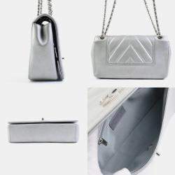 Chanel Silver Metallic Leather Chevron Mademoiselle Vintage Flap Bag