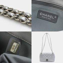 Chanel Silver Metallic Leather Chevron Mademoiselle Vintage Flap Bag