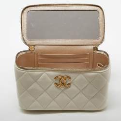 Pre Owned Chanel Off White Quilted Leather Vanity Case Chain Bag