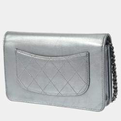 Chanel Silver Leather Written In Chain Wallet On Chain