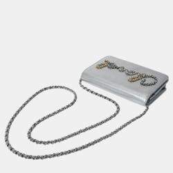 Chanel Silver Leather Written In Chain Wallet On Chain