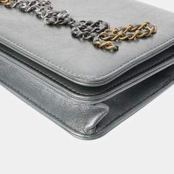 Chanel Silver Leather Written In Chain Wallet On Chain