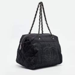 Pre Owned Chanel Dark Blue Quilted Denim Bowler Bag
