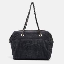 Pre Owned Chanel Dark Blue Quilted Denim Bowler Bag