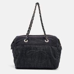 Pre Owned Chanel Dark Blue Quilted Denim Bowler Bag