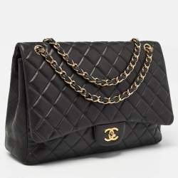 Pre Owned Chanel Black Quilted Lambskin Leather Maxi Classic Single Flap Bag