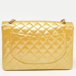 Pre Owned Chanel Gold Quilted Patent Leather Maxi Classic Single Flap Bag