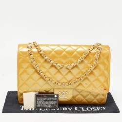 Pre Owned Chanel Gold Quilted Patent Leather Maxi Classic Single Flap Bag