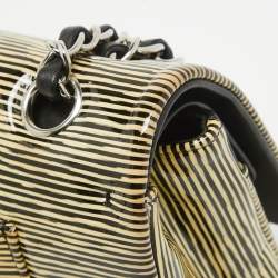Pre Owned Chanel Cream Striped Patent Leather Medium Classic Double Flap Bag