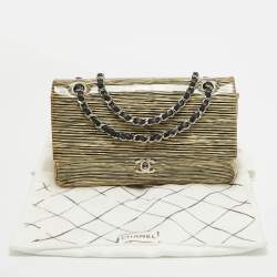 Pre Owned Chanel Cream Striped Patent Leather Medium Classic Double Flap Bag