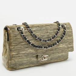 Pre Owned Chanel Cream Striped Patent Leather Medium Classic Double Flap Bag