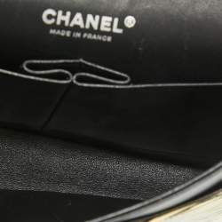Pre Owned Chanel Cream Striped Patent Leather Medium Classic Double Flap Bag