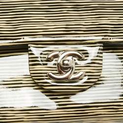 Pre Owned Chanel Cream Striped Patent Leather Medium Classic Double Flap Bag