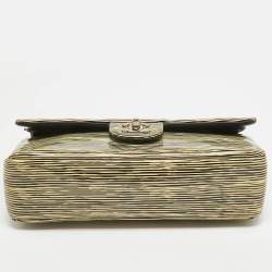 Pre Owned Chanel Cream Striped Patent Leather Medium Classic Double Flap Bag