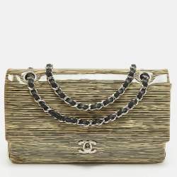 Pre Owned Chanel Cream Striped Patent Leather Medium Classic Double Flap Bag