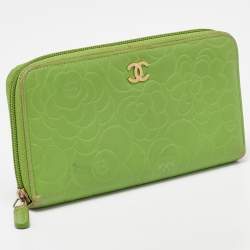 Chanel Green Leather Camellia Zip Around Wallet