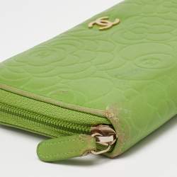 Chanel Green Leather Camellia Zip Around Wallet