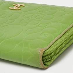 Chanel Green Leather Camellia Zip Around Wallet