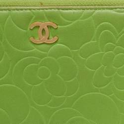 Chanel Green Leather Camellia Zip Around Wallet