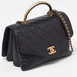 Pre Owned Chanel Black Quilted Leather Flap Gold Top Handle Bag