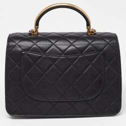 Pre Owned Chanel Black Quilted Leather Flap Gold Top Handle Bag