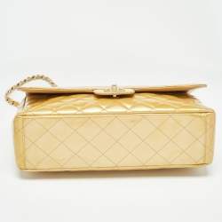Pre Owned Chanel Gold Quilted Patent Leather Maxi Classic Single Flap Bag