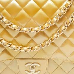 Pre Owned Chanel Gold Quilted Patent Leather Maxi Classic Single Flap Bag