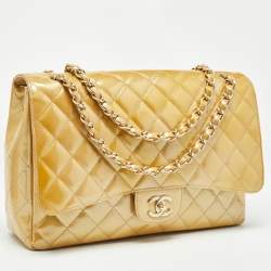 Pre Owned Chanel Gold Quilted Patent Leather Maxi Classic Single Flap Bag