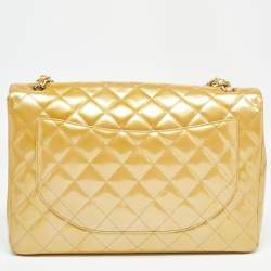 Pre Owned Chanel Gold Quilted Patent Leather Maxi Classic Single Flap Bag