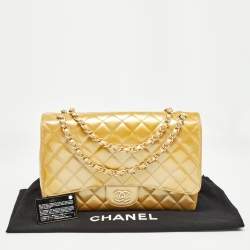 Pre Owned Chanel Gold Quilted Patent Leather Maxi Classic Single Flap Bag
