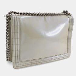 Chanel White Leather Large Reverso Boy Bag