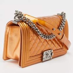 Pre Owned Chanel Bronze Quilted Patent Leather Medium Boy Flap Bag