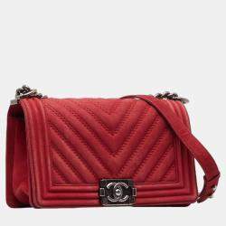 Chanel Red Suede Chevron Medium Le Boy Flap Bag