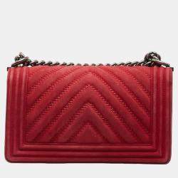 Chanel Red Suede Chevron Medium Le Boy Flap Bag