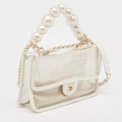 Pre Owned Chanel White PVC and Leather Sand By The Sea Flap With Pearl Strap Bag 