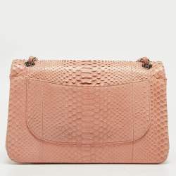 Pre Owned Chanel Peach Python Jumbo Classic Double Flap Bag
